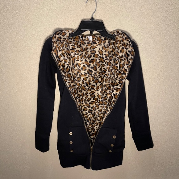 XS Furry Leopard Lined ¾ Length Zip Hoodie - Picture 1 of 6
